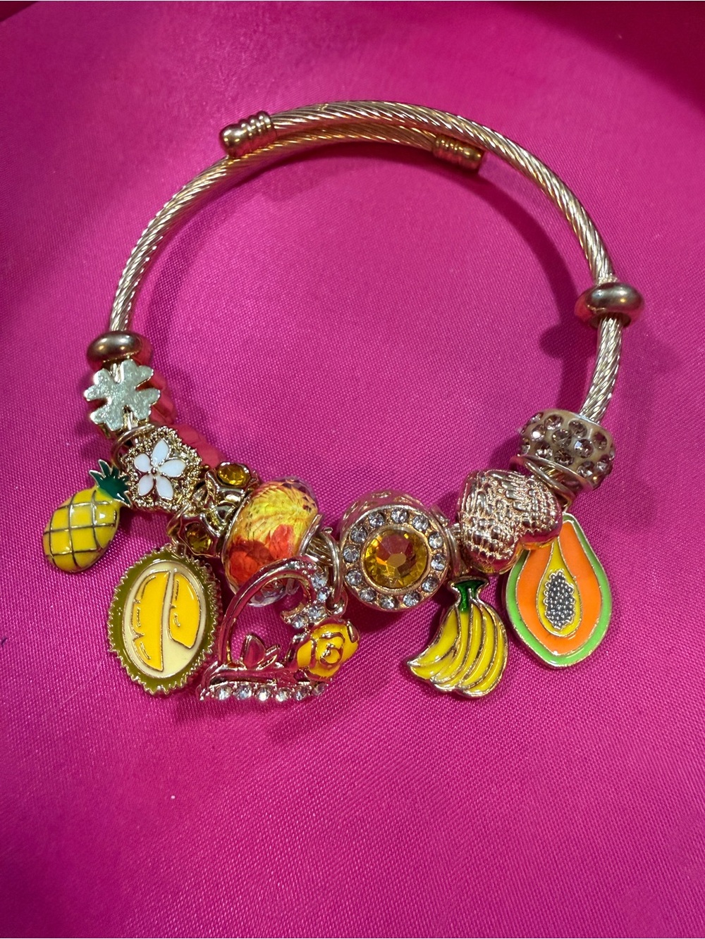 Gold-Tone Tropical Fruit Charm Bracelet - Yellow Enamel Accents